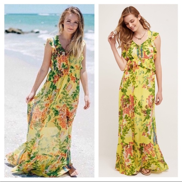 Anthropologie Tracy Reese Sungrove Floral Maxi Dress Yellow Flounced Ruffle Sz S - Picture 1 of 16